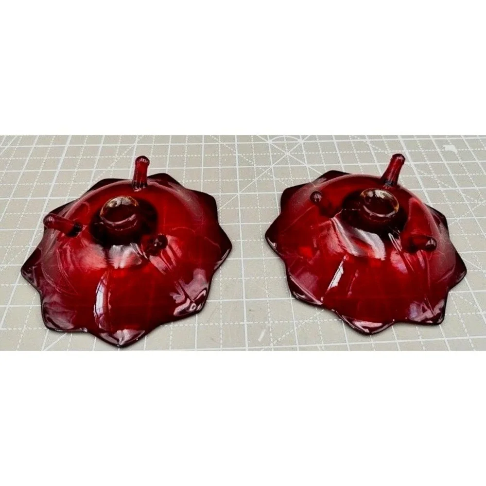 Vintage  Fenton Amberina Candlestick Holders Lotus Flower Glass Glow 4.5